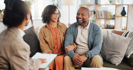 Financial advisor, planning and mature couple on sofa for estate deal, asset management or pension....