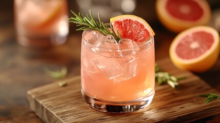 Grapefruit cocktail with rosemary garnish in a glass served on a wooden cutting board Vibrant refreshing drink perfect for summer menu or cocktail recipes Greyhound lemonade paloma moc : Generative AI