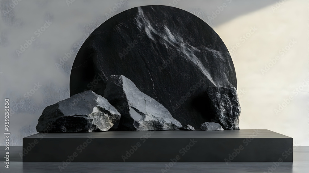 Poster black rocks on a black platform with a large circular stone behind them.