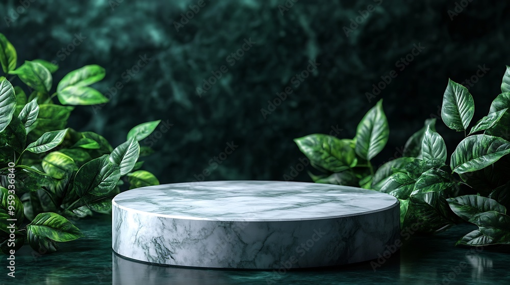 Poster luxurious empty product marble stone podium and forest green leaves on dark background concept scene