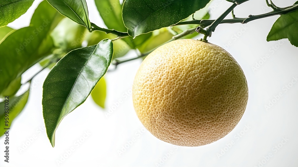 Aufkleber pomelo fruit with green leaf on tree branch isolated on white background : generative ai