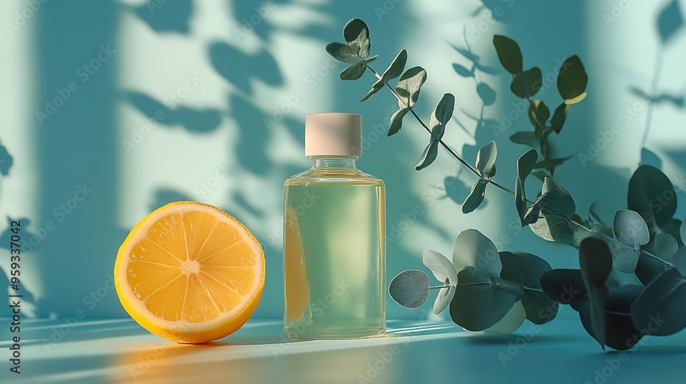 Poster cosmetic jar and bottle next to lemon and branch of eucalyptus on color paper sheets and background 