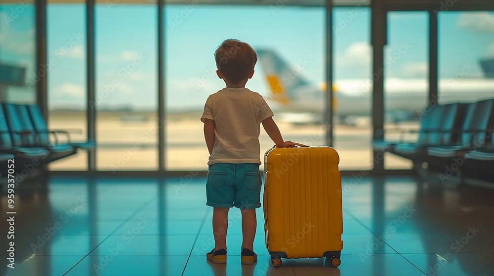 Aufkleber boy with yellow suitcase at empty airport terminal waiting for departure looking out the window chil