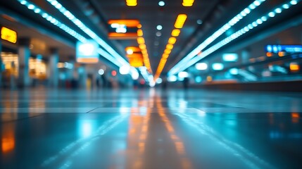 Blurred background with bokeh light in empty airport due to coronavirus covid new normal rule shop store area runway escalator with travel passenger fly flight travel walking in hallwa : Generative AI