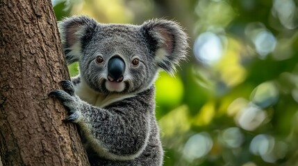 Fototapeta premium Closeup of a Koala Phascolarctos cinereus sitting on a tree fork looking at camera green foliage in the background Koalas are native Australian marsupials : Generative AI