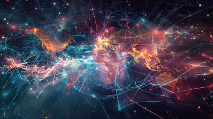 Dynamic global network graphic with a world map intertwined with glowing lines and nodes, showcasing the flow of data and communication between continents..