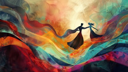 Silhouette of couple dancing on a colorful abstract background.