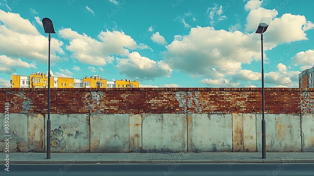 Poster Surrounding brick wall with concrete columns with cloudy sky street lamp and modern building on behind Urban road in front Background for copy space : Generative AI