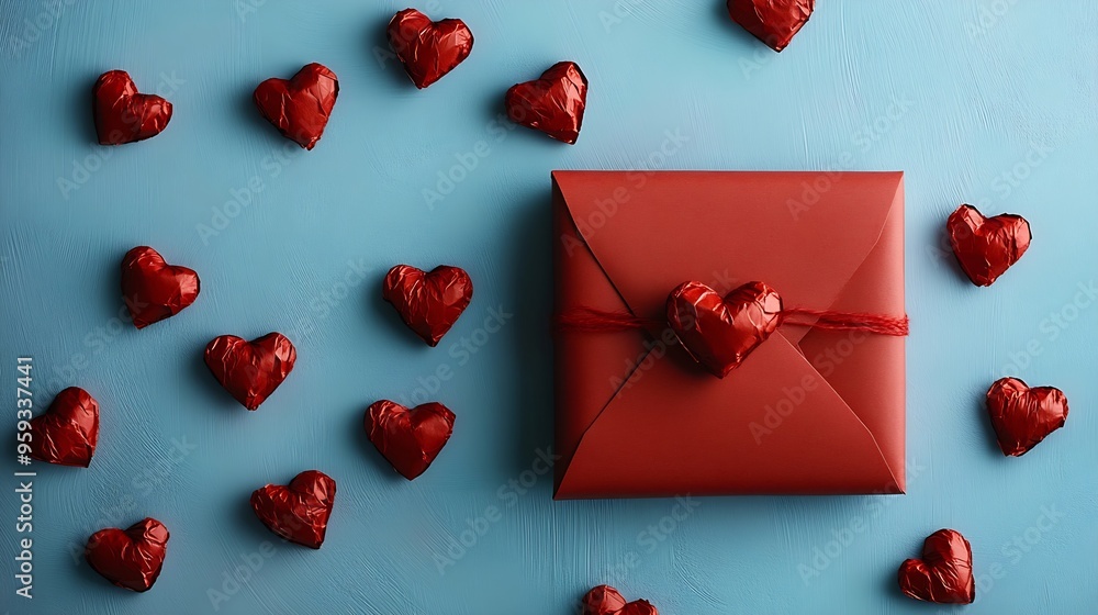 Poster beautiful present and red paper envelope and valentines hearts on blue background flat lay top view 