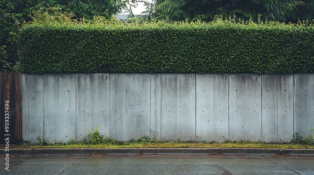 Poster House fence consisting by a long concrete rectangle block wall and a hedge above Cement sidewalk and asphalt street in front Background for copy space : Generative AI