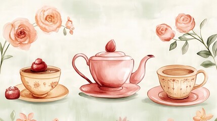 Fototapeta premium Vintage Tea Party Charm - Elegant Watercolor Clipart with Nostalgic Appeal