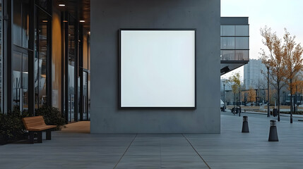Blank billboard sign mounted on a building with a sidewalk in front of it.