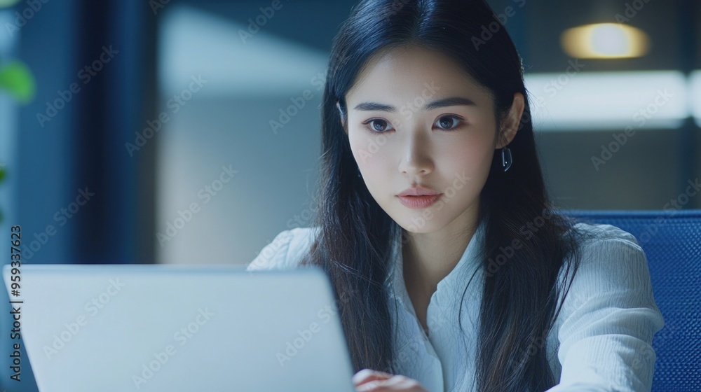 Sticker Businesswoman Focused on Laptop Screen