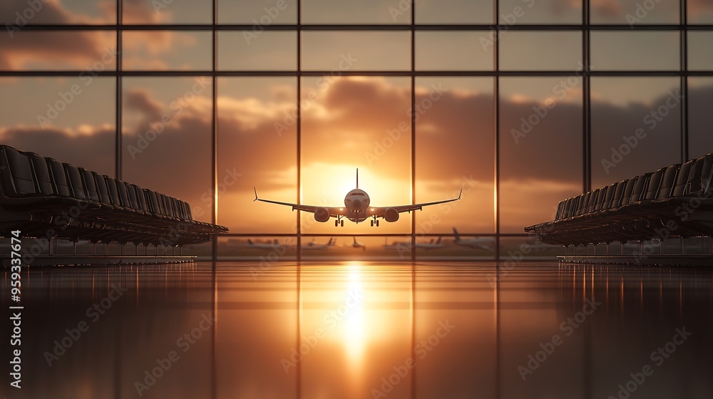 Poster taking off airplane view from airport terminal : generative ai