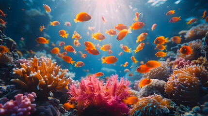 Fototapeta premium Underwater Coral Reef Scene with Orange Fish and Colorful Corals - Realistic Photo