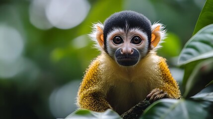 Obraz premium Squirrel monkey Saimiri oerstedii sitting on the tree trunk with green leaves Corcovado NP Costa Rica Monkey in the tropic forest vegetation Wildlife scene from nature Beautiful cute a : Generative AI
