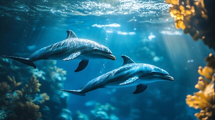 Fototapeta premium Photo of whales and dolphins underwater : Generative AI