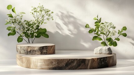 Decoration Wood cut podium and stone arrangements with green flowers on white background  Abstract podium for organic cosmetic products Natural stand for presentation and exhibitions F : Generative AI