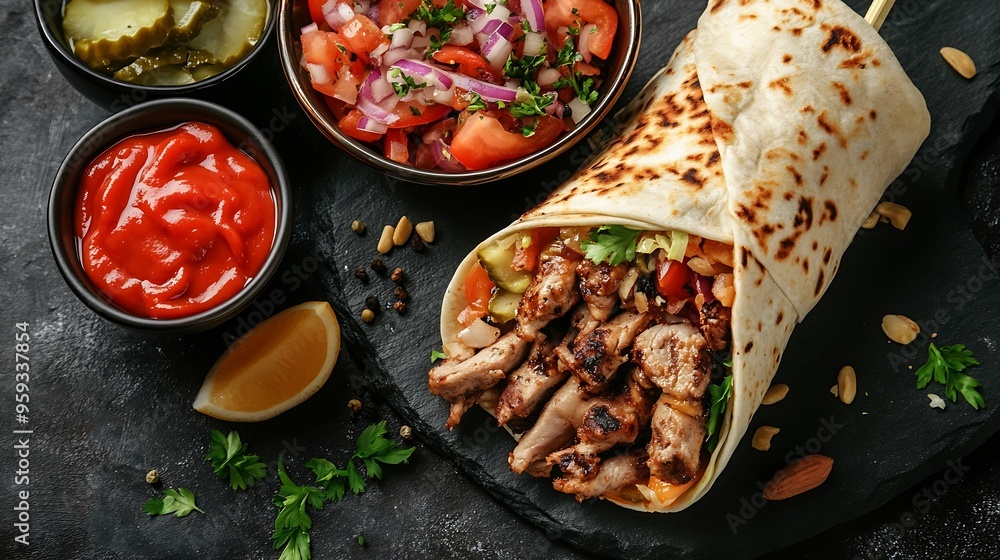 Poster doner kebab shawarma meal food snack on the table copy space food background rustic top view : gener