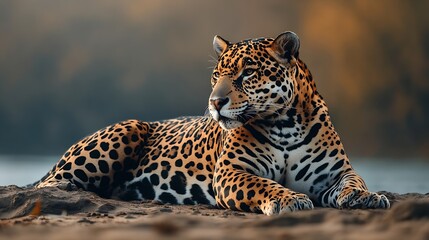 Obraz premium Jaguar resting on the riverbed : Generative AI