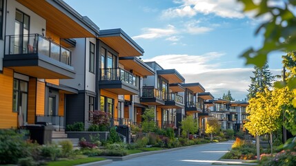 Facade of new residential townhouses Modern apartment buildings in Vancouver Canada Modern complex of apartment buildings in summerConcept of real estate development house for sale hou : Generative AI