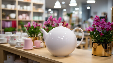 Ceramic teapot on the table in the store generative ai