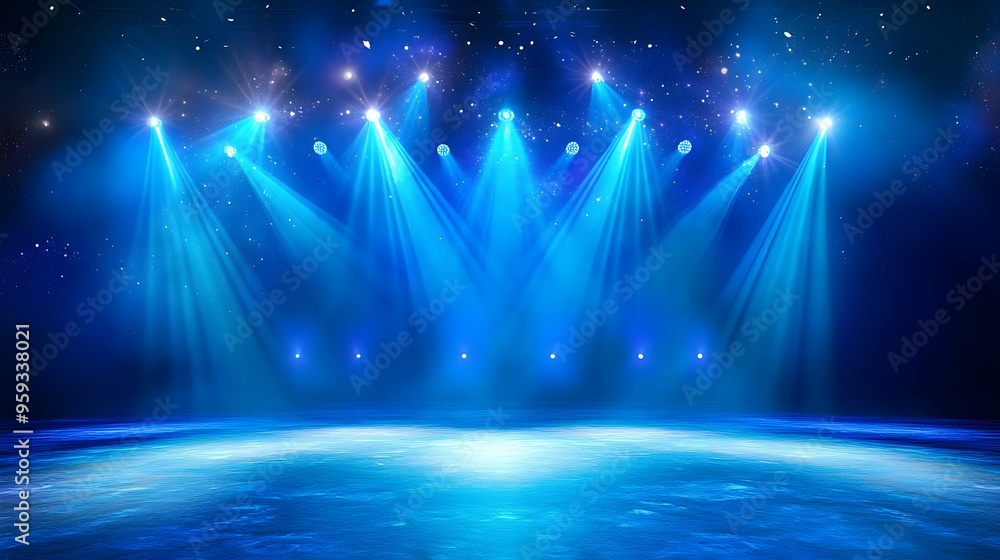 Poster blue stage lights illuminate an empty stage with a reflective surface.