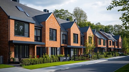 Terraced family homes in newly developed housing estate The real estate market in the suburbs New single family houses in a new development area Residential homes with modern facade : Generative AI