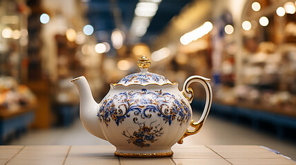 Ceramic teapot on the table in the store generative ai