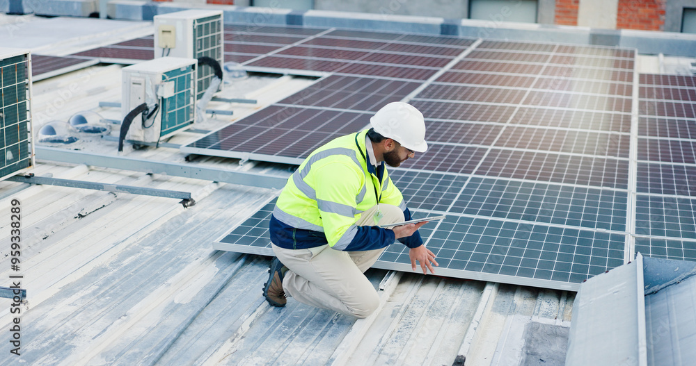 Poster Engineering, man and tablet for solar panels, energy saving and electricity or heating of eco friendly grid on rooftop. Technician, digital technology and photovoltaic inspection for installation