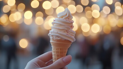 Closeup of a hand holding an ice cream cone with a blurred background of lights : Generative AI