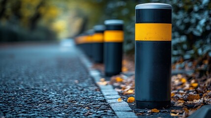 Soft focus of retractable electric bollard Metallic pole with a yellow reflective stripe and warning light on stones road Automatic pillar for fencing Security barrier Remote access co : Generative AI