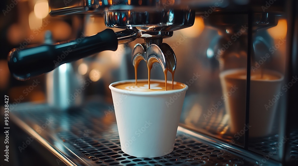 Poster closeup of an espresso machine dispensing coffee into a white paper cup : generative ai