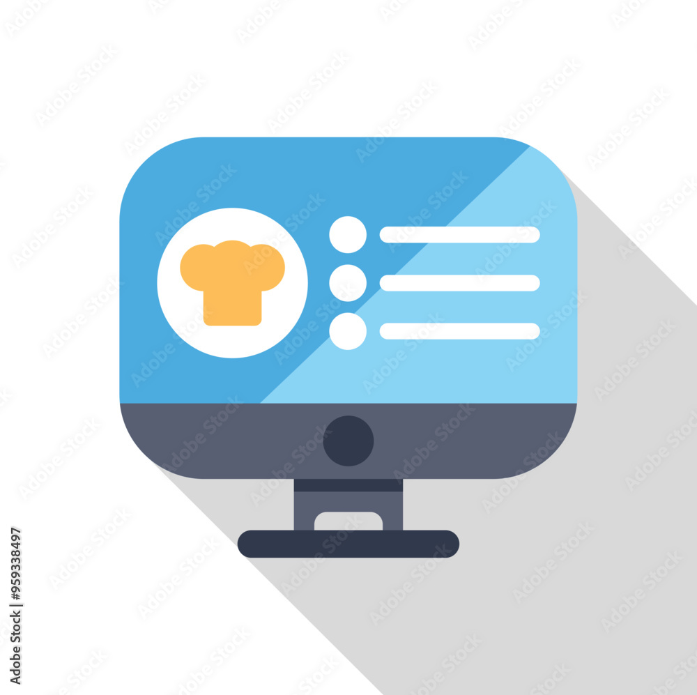 Poster computer monitor is displaying a digital menu or cooking website, featuring a chef's hat icon and a 