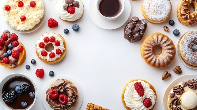 Table with various cookies donuts cakes cheesecakes and coffee cups on white background  Delicious dessert table Top view flat lay copy space : Generative AI