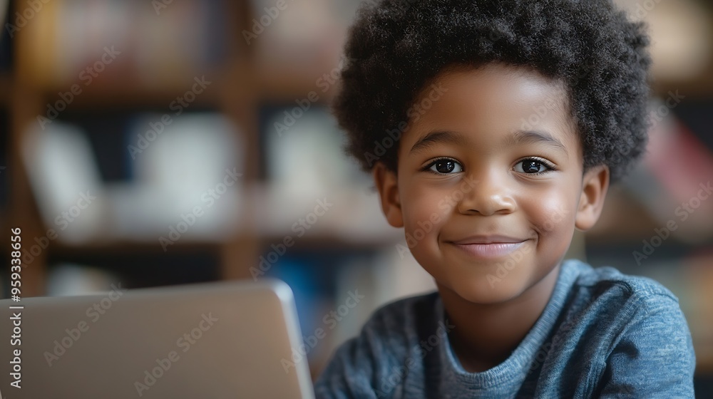 Poster Talented Small African American Boy Using a Laptop Computer in Class Portrait of a Happy Elementary School Student Studying Hard Learning New Things Getting Modern Education Online : Generative AI
