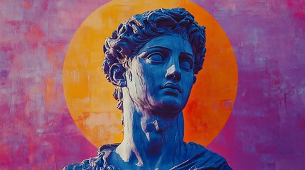 Contemporary art collage Classical statue in blue tones in ornate picture frame against purple circle and orange textured background Postmodernism Concept of creativity party urban cul : Generative AI