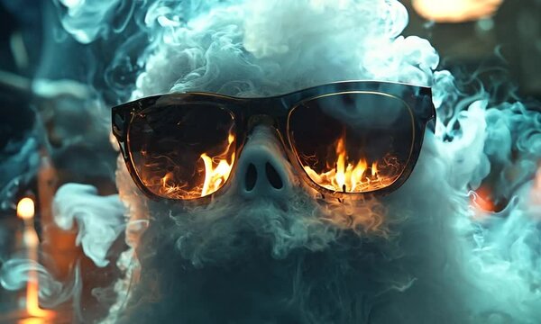 A Ghostly Figure in Sunglasses with Fire Behind Them
