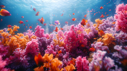 Obraz premium Vibrant Underwater Coral Reef Illustration with Colorful Fish