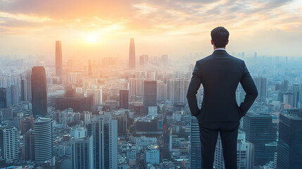 Businessman standing with his hands on his hips overlooking a city skyline at sunset.