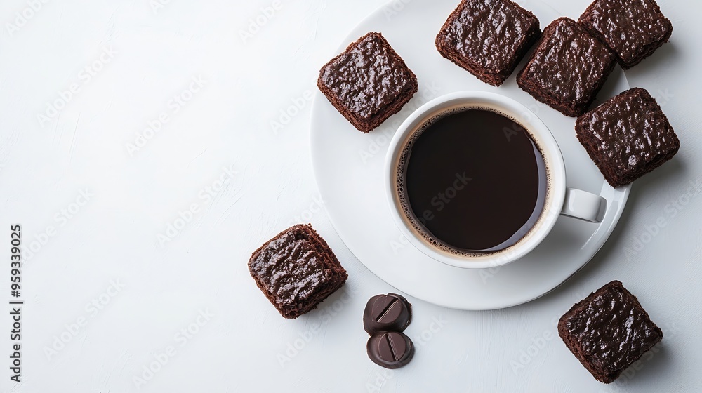 Poster cup of black coffee with chocolate cakes on white table the concept of breakfast flat lay top view :