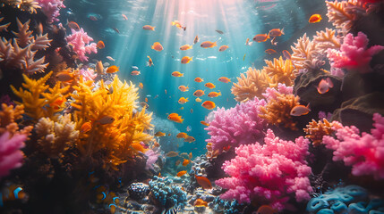 Fototapeta premium Vibrant Underwater Scene with Colorful Corals and Fish - Realistic Image