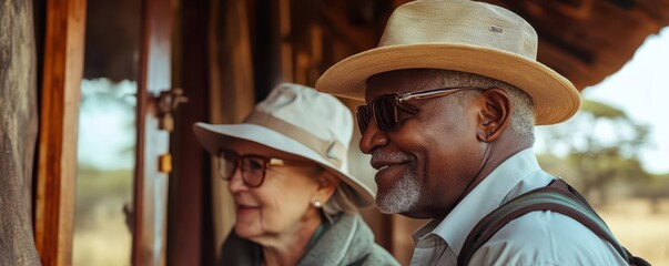 Elderly adventurers checking into a safari lodge, anticipation of wildlife encounters, rustic charm close up, adventure travel theme, dynamic, Composite, savanna backdrop
