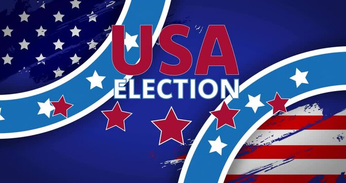 Animation of usa elections text and red stars over rotating american flag roundels