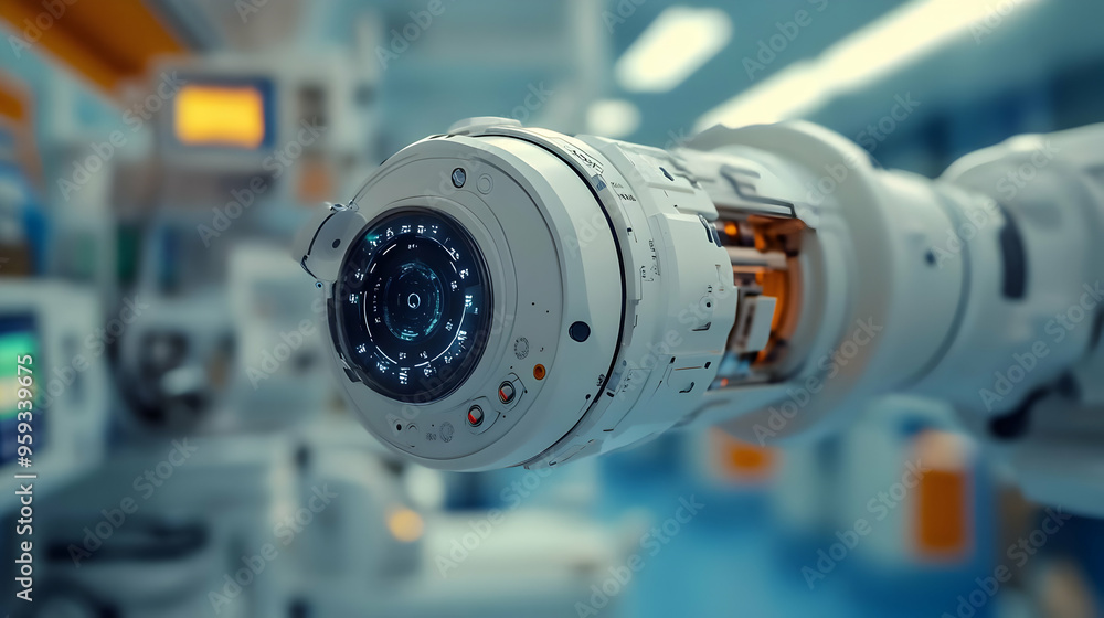 Aufkleber close up of a robotic arm with a camera lens in a futuristic laboratory setting.