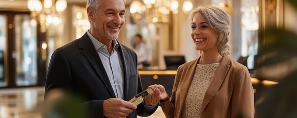 Senior couple receiving room keys at a hotel, joyful smiles, concierge assistance close up, service excellence theme, dynamic, Overlay, luxury hotel foyer backdrop