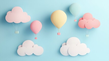 Whimsical 3D Cartoon Clouds and Balloons Design with Pastel Colors and Shadows