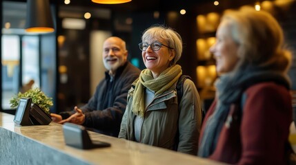 Obraz premium Senior travelers arriving at a boutique hotel, excited expressions, modern interior design focus on, hospitality theme, realistic, Double exposure, reception desk backdrop