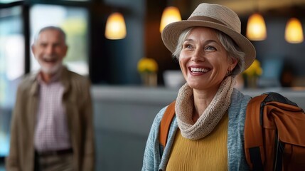 Senior travelers arriving at a boutique hotel, excited expressions, modern interior design focus on, hospitality theme, realistic, Double exposure, reception desk backdrop