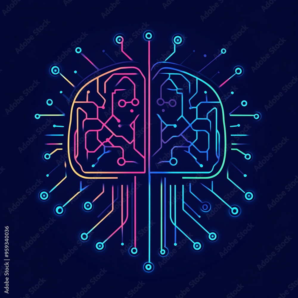 Poster a neon-colored representation of a brain with circuitry